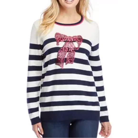 Kim Rogers Sweaters - Kim Rogers Intarsia Stripe Crewneck Sweater Sequin Bow | NWT